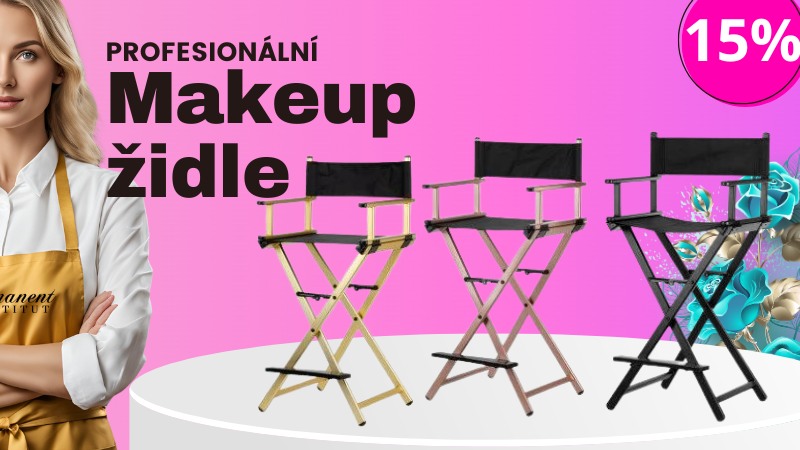 Makeup židle ve zlatém hliníkovém provedení zajišťující pohodlí zákaznicím a snadný přístup pro kosmetičku při aplikaci makeupu.